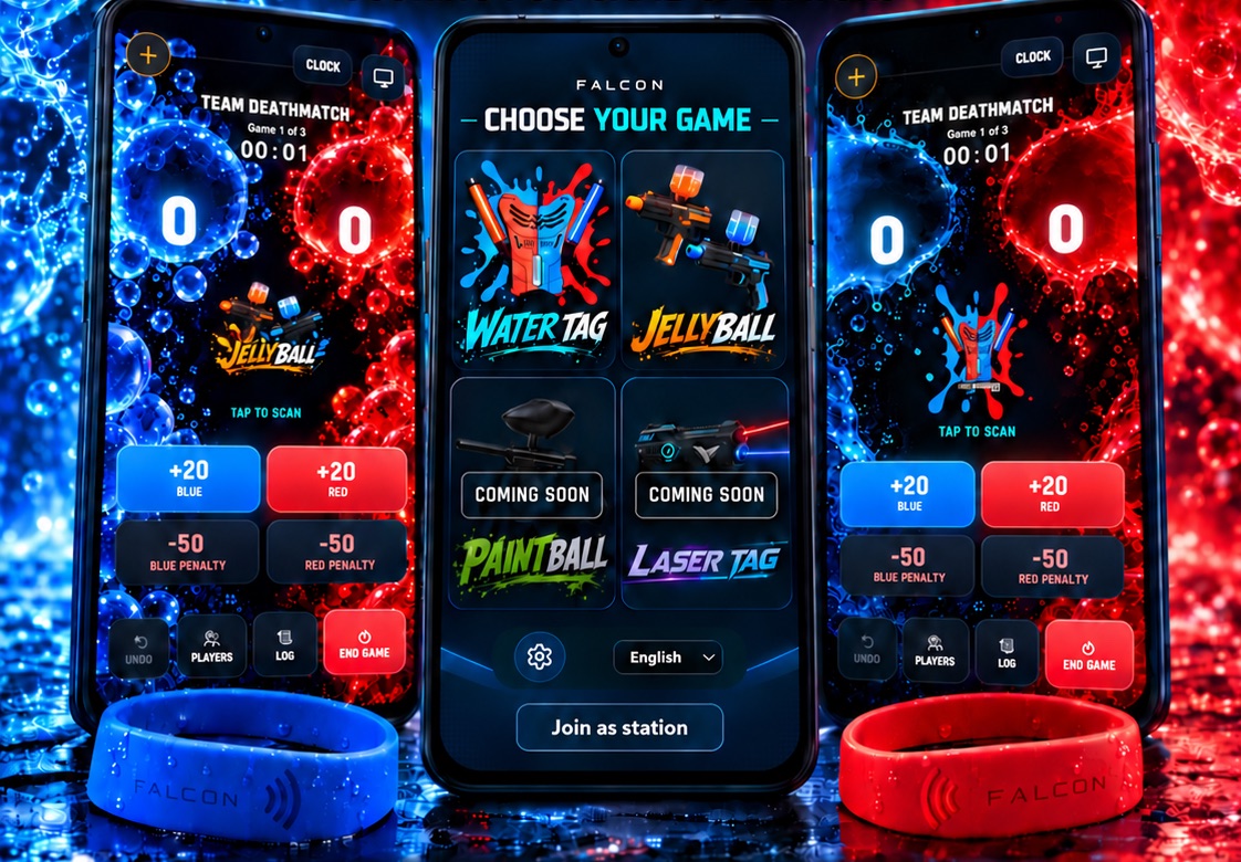 Falcon scoring app on three Android phones: Choose Your Game screen with Water Tag and Jellyball, live Team Deathmatch scoreboards, and blue and red NFC wristbands